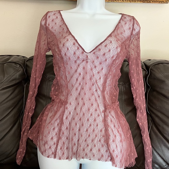 FREE PEOPLE - Long Sleeve Mesh Polka Dot Blouse (Dark Pink) - Picture 1 of 5